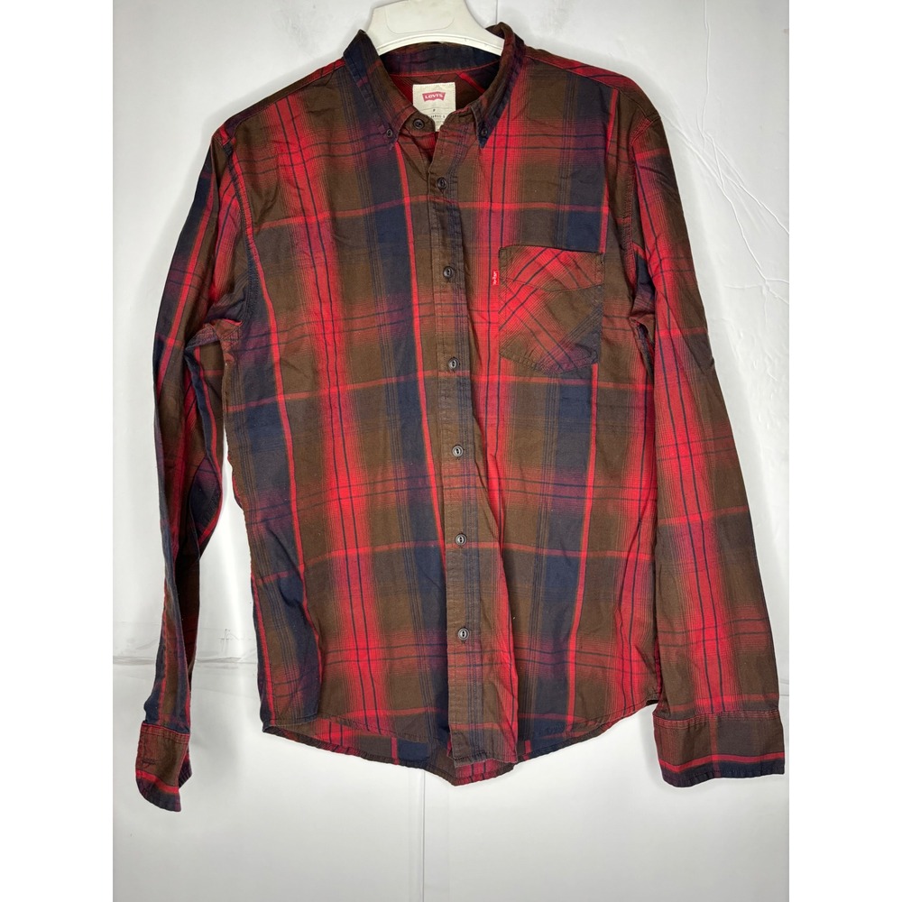 Levis‎ Mens Plaid Button Down Shirt Red Brown Long Sleeve Cotton Blend Medium